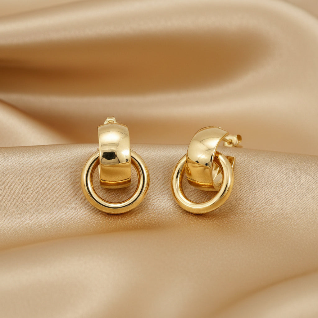10K YG Hollow Linked Double Hoop Studs