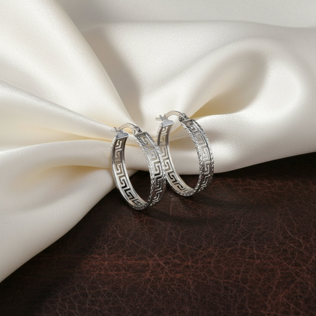 SS RHD GREEK KEY OVAL HOOPS WITH DC DETAIL ON THE EDGES