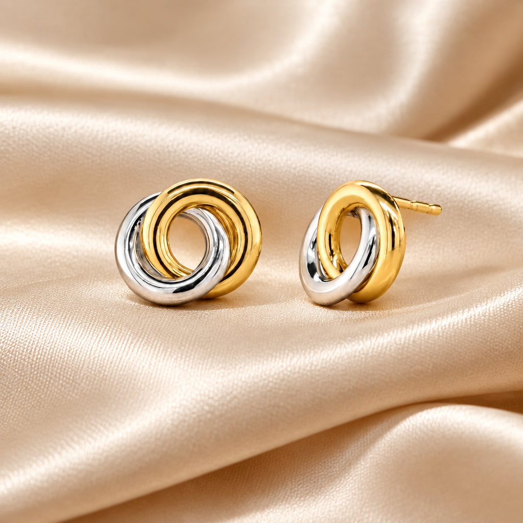 10K Yellow and White gold interlocking ring stud earrings