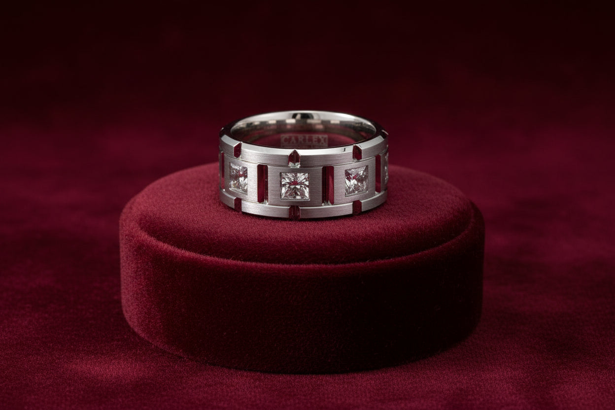 14K WG Carlex Band, 10.5mm Wide with 0.45ctw Diamonds, Sandpaper top/High Polished Bevel cut Sz 1...