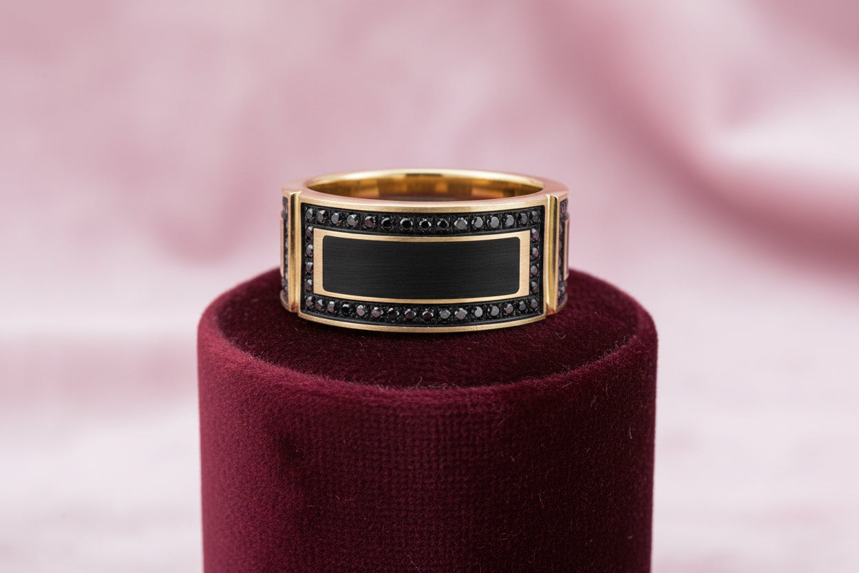 14K YG/Black Enamel Carlex Band, 11mm wide, 2.2mm thick with 0.78ctw Black Diamonds Sz 10 Warrant...