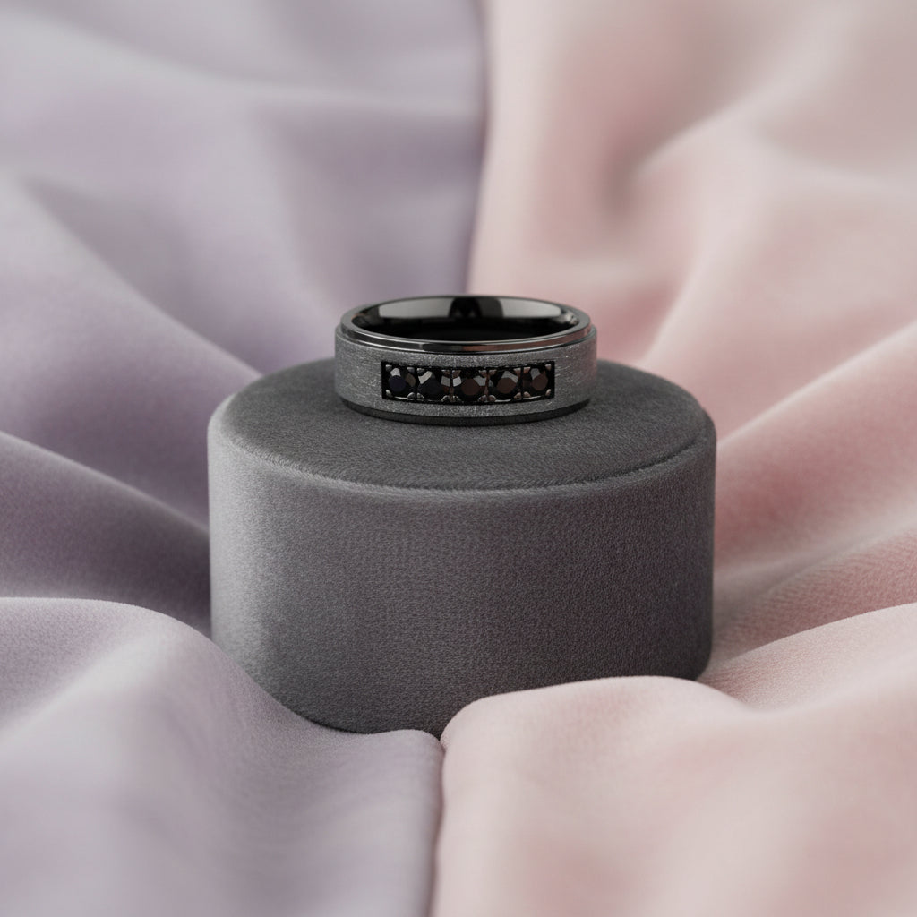 14K Gunmetal Rhodium Application Diamond Brush Top & High Polish Edges with 0.55CTW Black Diamonds