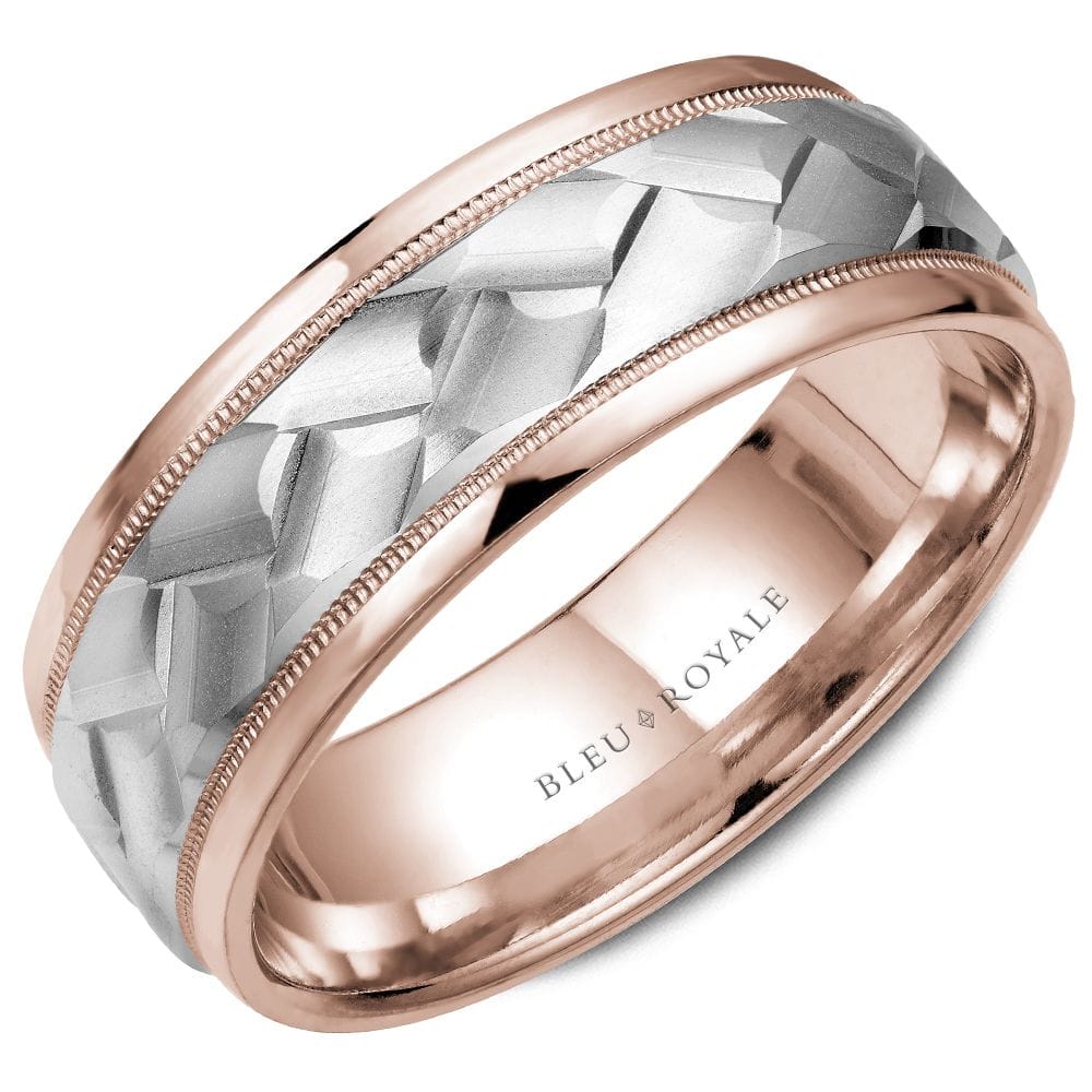 14K RG HIG POLISH EDGES AND WG BRAIDED BRUSH CENTER BLEU ROYALE 8.5MM MENS RING WARRANTY #230457