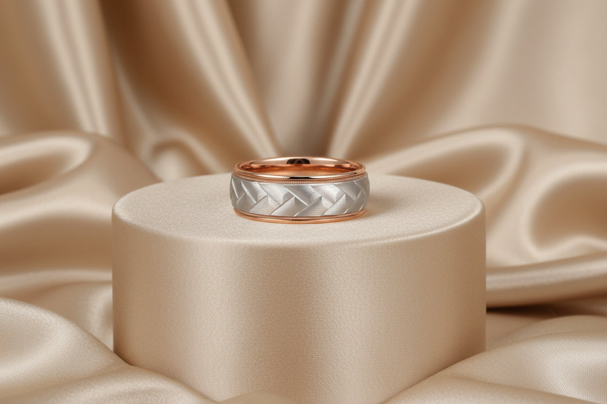 14K RG HIG POLISH EDGES AND WG BRAIDED BRUSH CENTER BLEU ROYALE 8.5MM MENS RING WARRANTY #230457