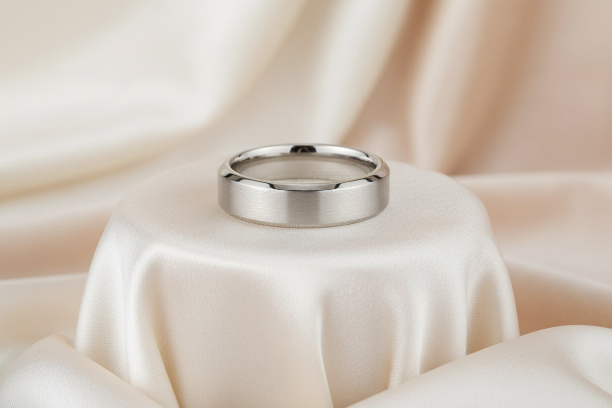 14K WG 6.5mm Wide Noam Carver Men's Band with Brushed Top, High Polished Edges and ebgraved detai...