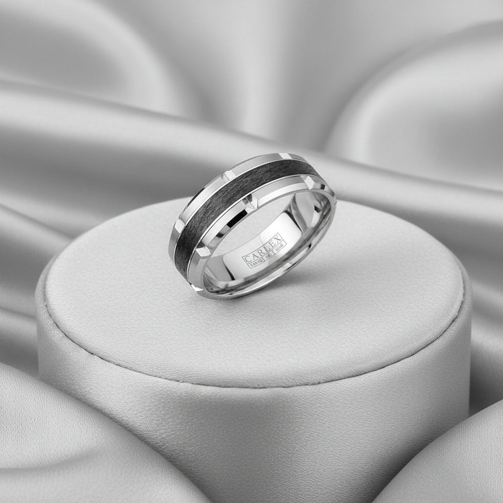 14K WG & Black Forged Carbon Fiber Band- 7.5mm Wide, 2.2mm Thick, with Sandpaper Sides and High P...