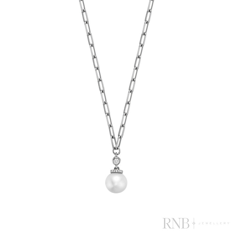 Cultured Pearl & Diamond Drop Necklace on Paper Clip Chain