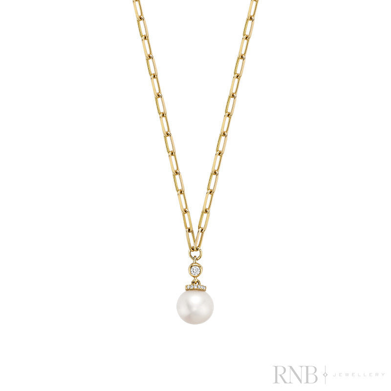 Cultured Pearl & Diamond Drop Necklace on Paper Clip Chain