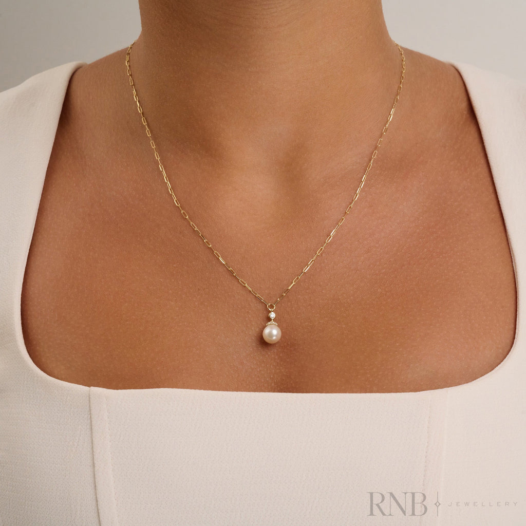 Cultured Pearl & Diamond Drop Necklace on Paper Clip Chain