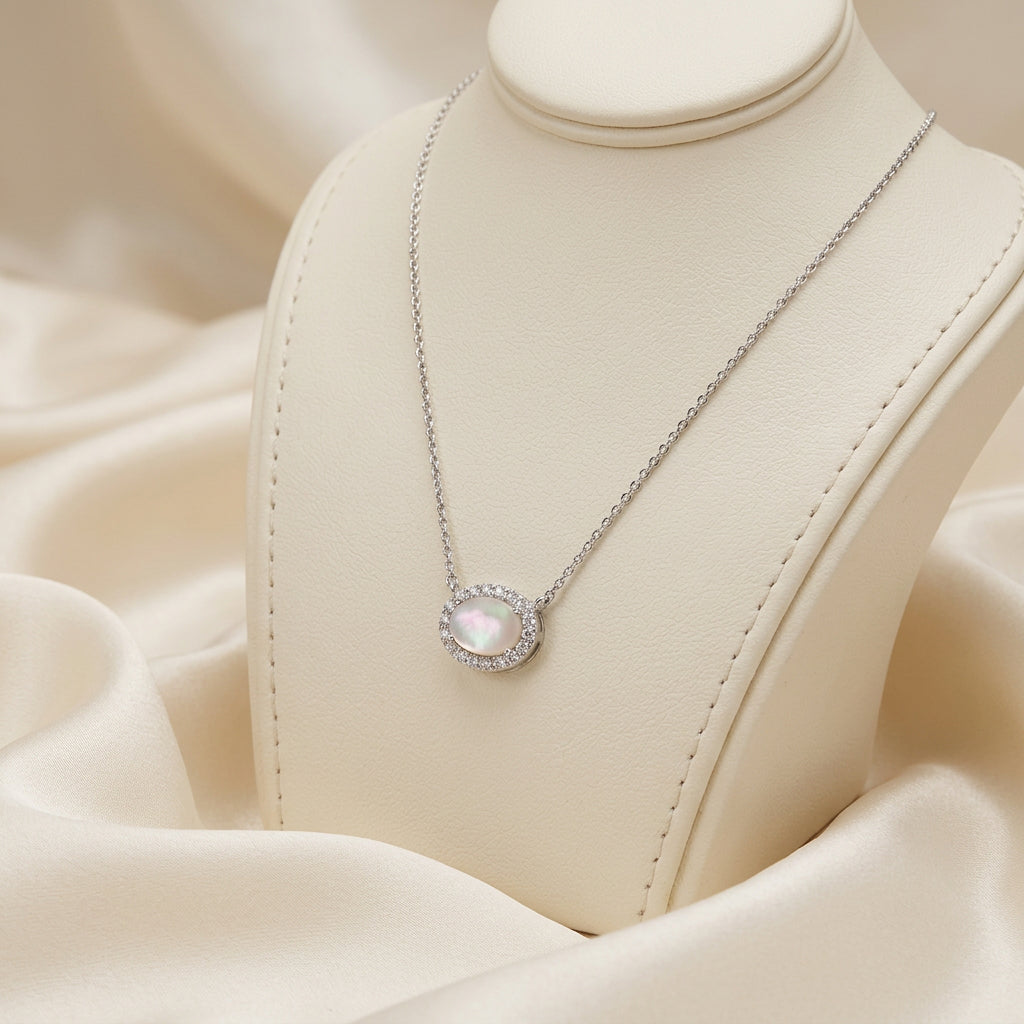 Oval Halo Mother of Pearl Diamond Necklace
