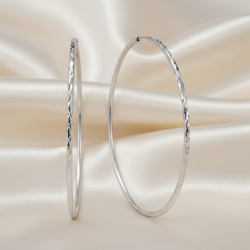 10K White gold 55mm diamond cut hoops