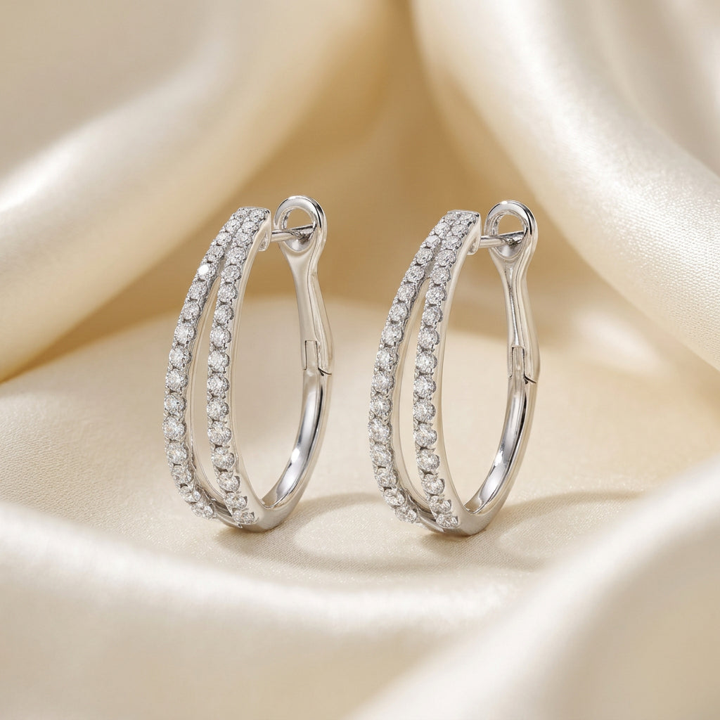 Double Row Diamond Loop Earrings