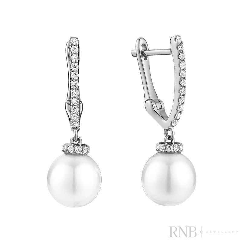 Cultured Pearl Hoops V Shape Diamond Dangle Earrings