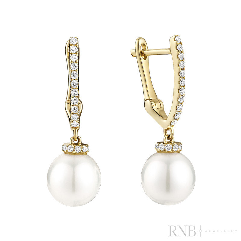 Cultured Pearl Hoops V Shape Diamond Dangle Earrings