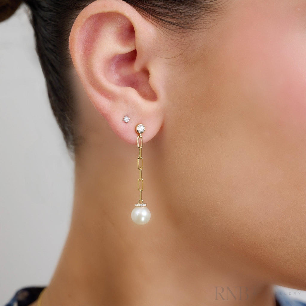 Pearl Paper Clip Diamond Dangle Earrings