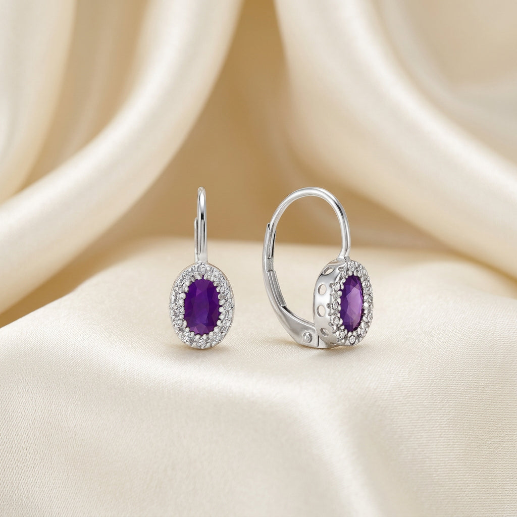 Oval Precious Stone & Diamond Halo Dangle Earrings