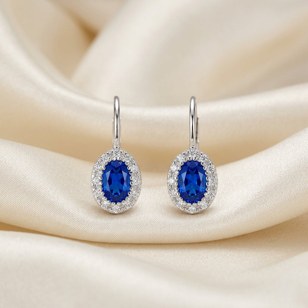 Oval Precious Stone & Diamond Halo Dangle Earrings