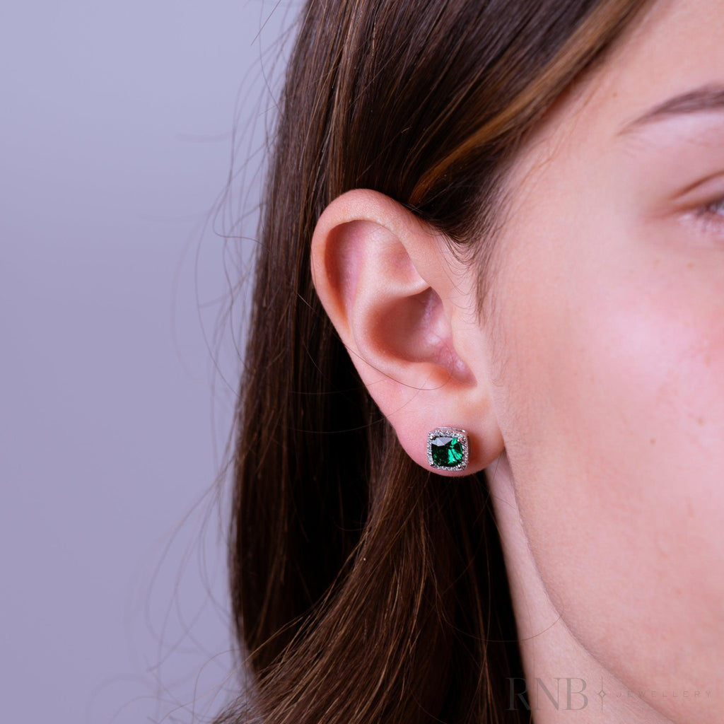 Cushion Colored Stone & Diamond Halo Stud Earrings