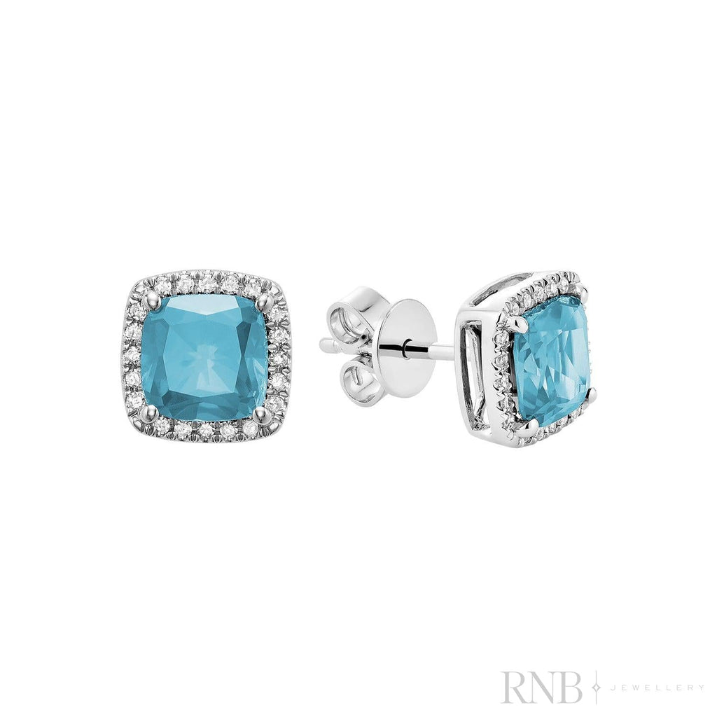 Cushion Colored Stone & Diamond Halo Stud Earrings