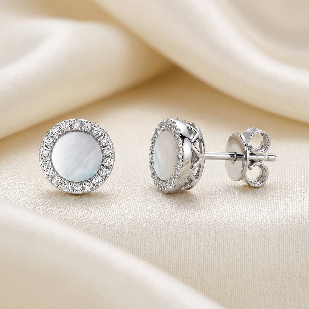 Mother of Pearl Halo Diamond Stud Earrings