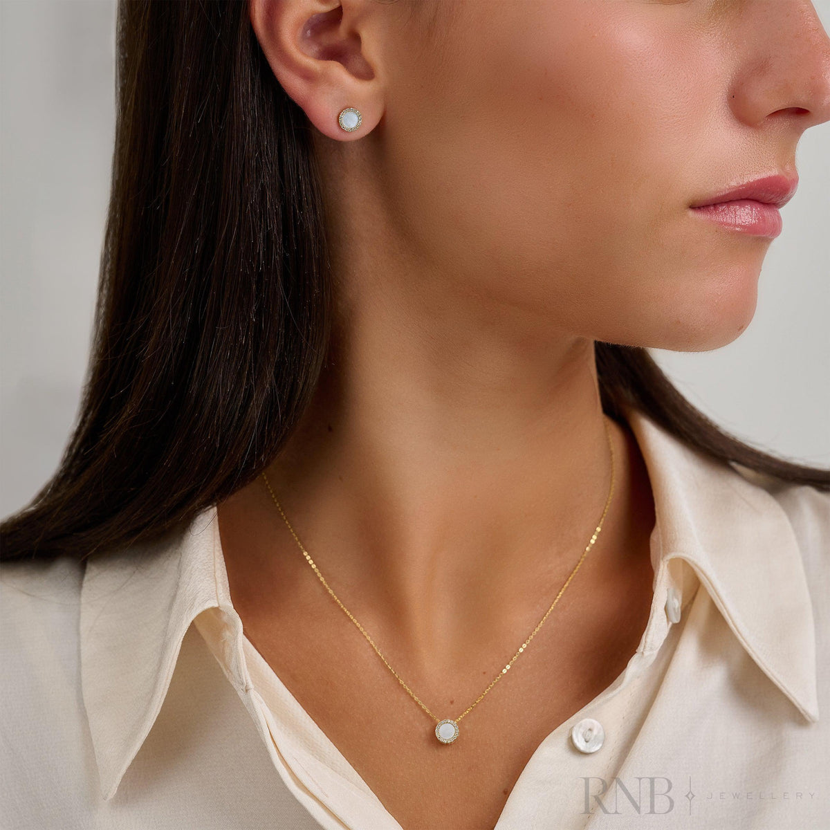 Mother of Pearl Halo Diamond Stud Earrings