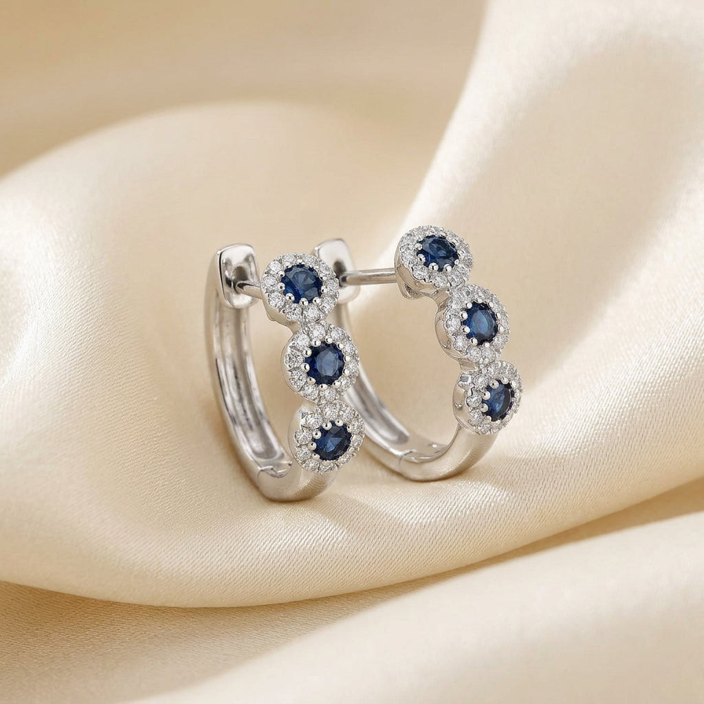 Triple Halo Gemstone & Diamond Huggie Earrings