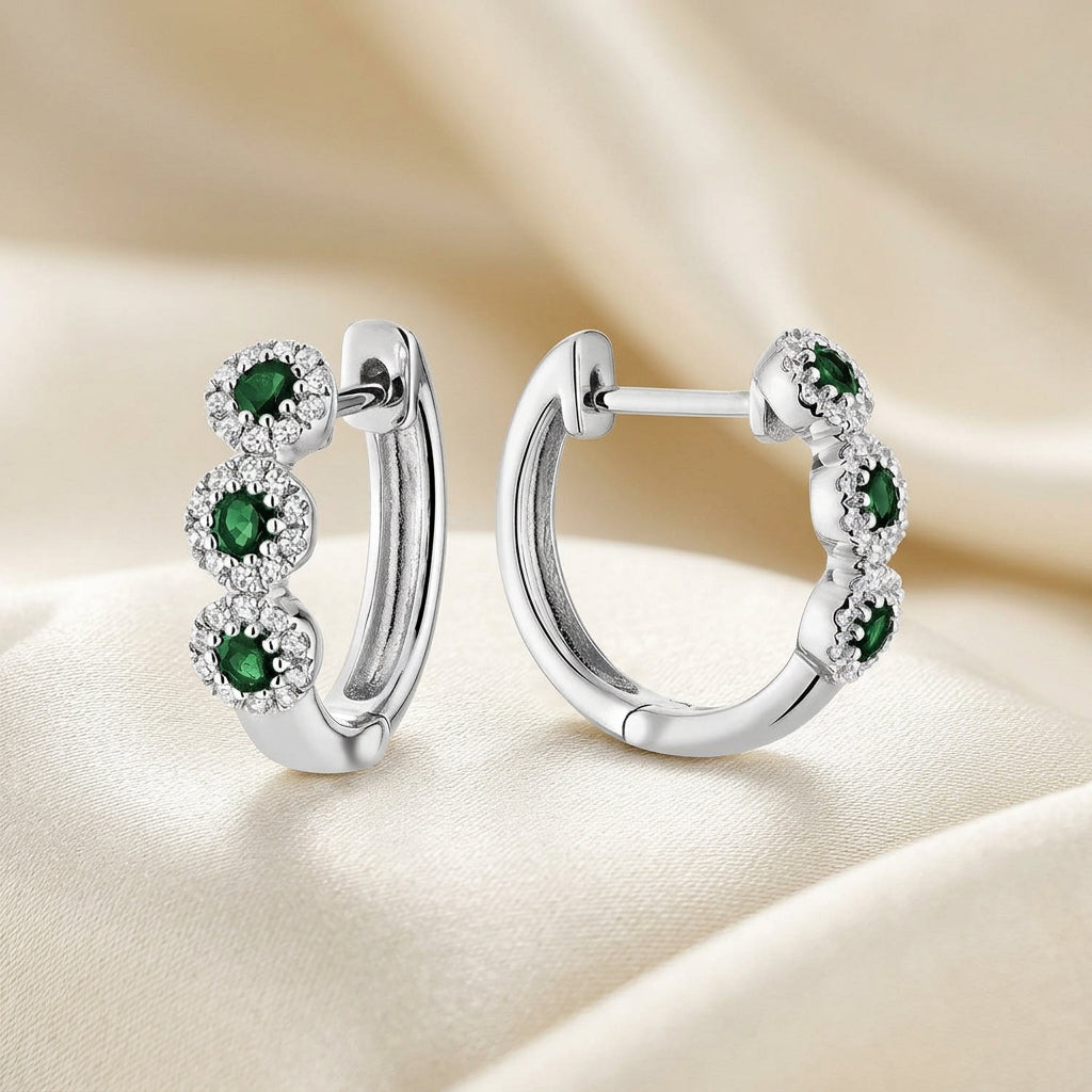 Triple Halo Gemstone & Diamond Huggie Earrings