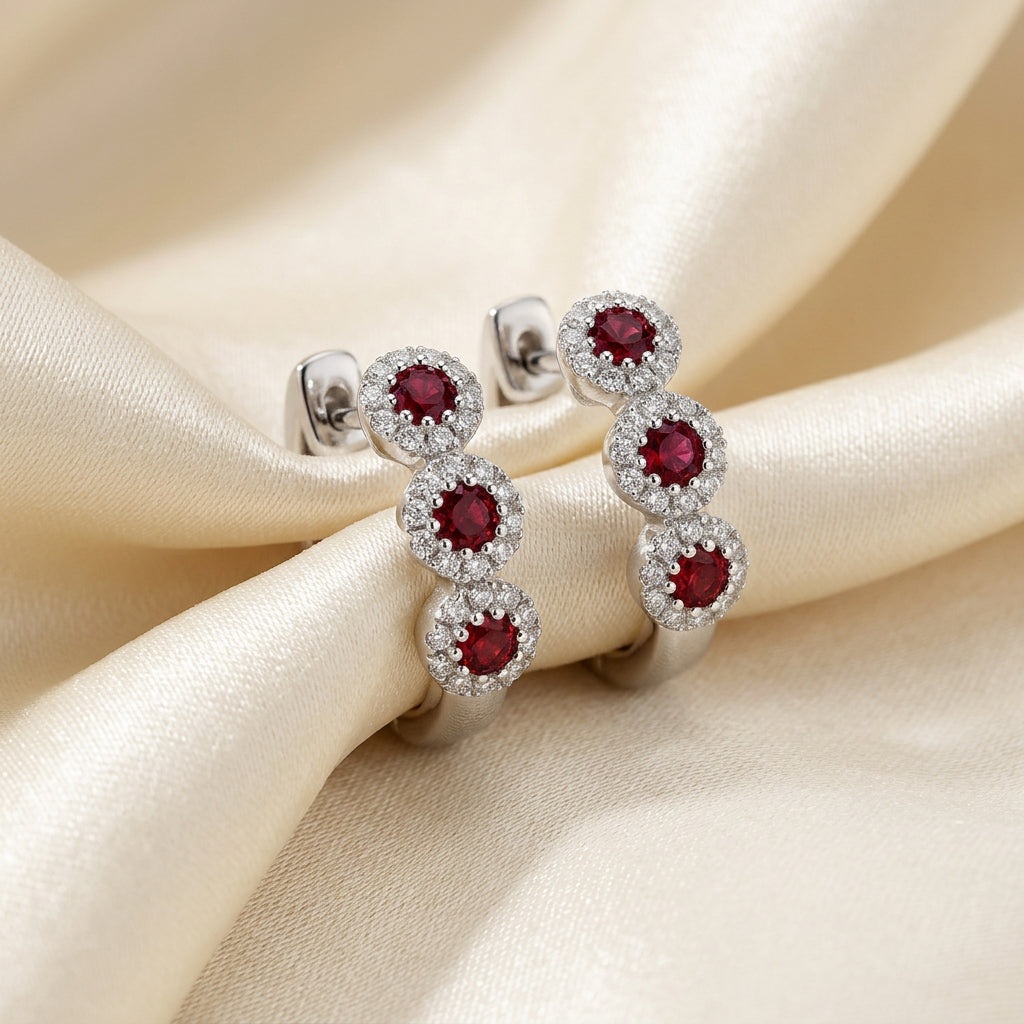 Triple Halo Gemstone & Diamond Huggie Earrings