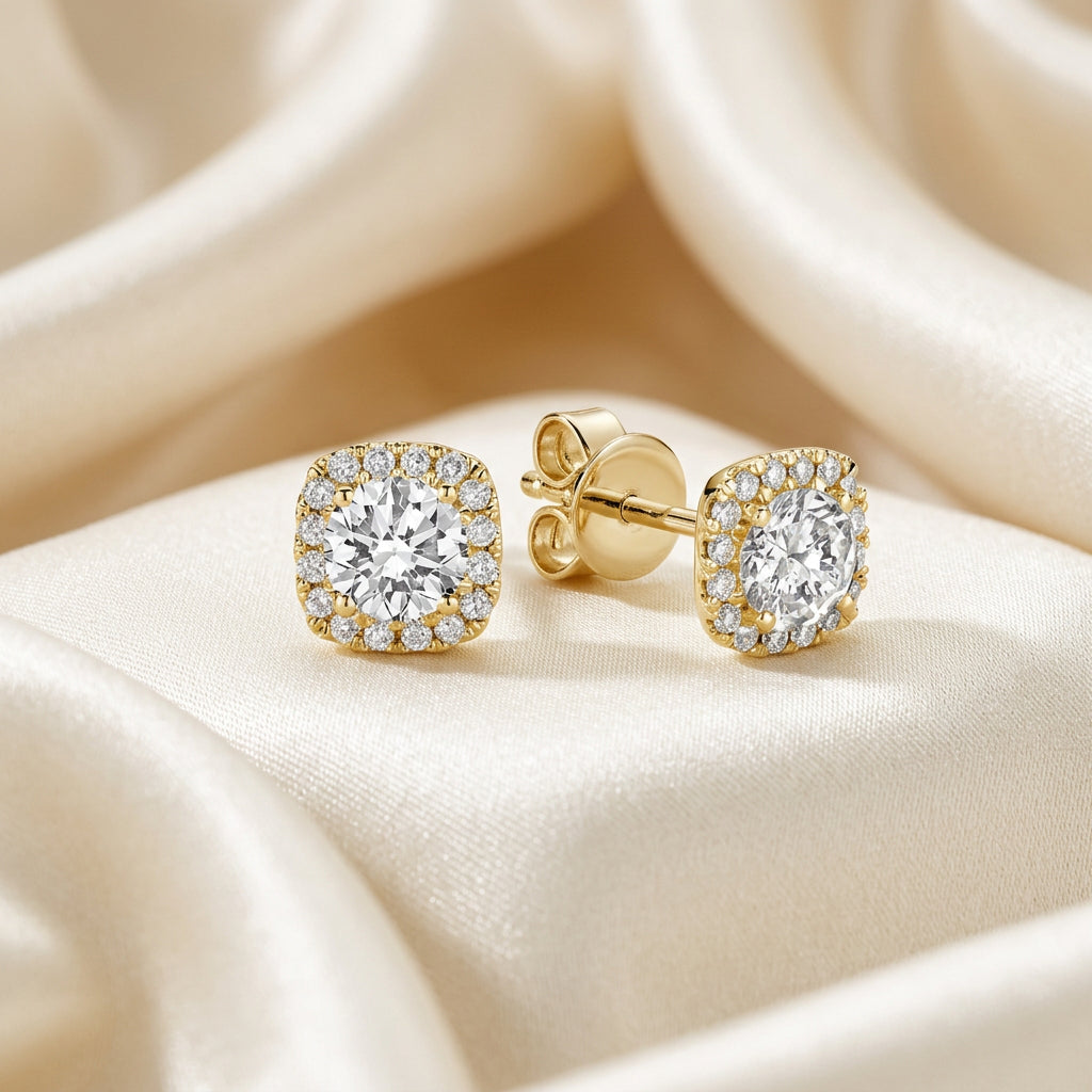 Cushion Mount Diamond Halo Stud Earrings