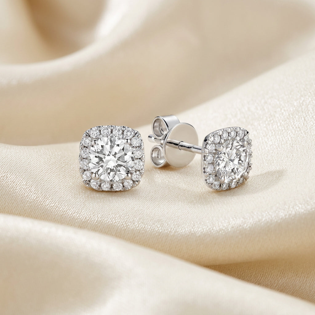 Cushion Mount Diamond Halo Stud Earrings