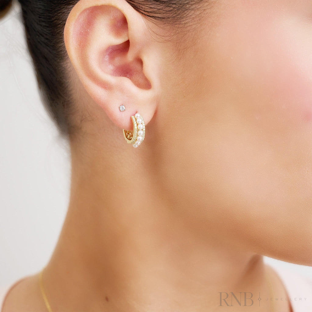 Diamond Pearl Huggie Earrings