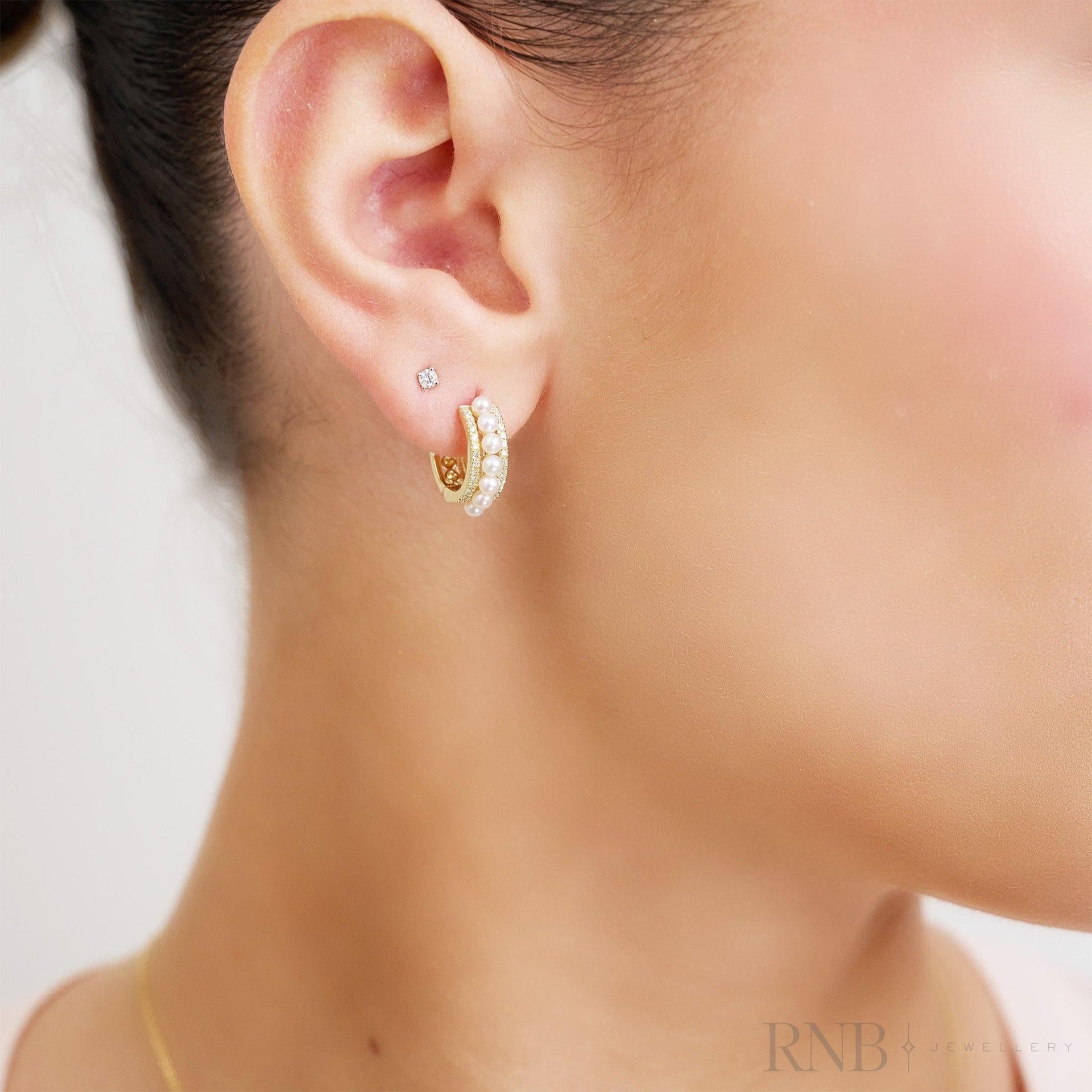 Diamond Pearl Huggie Earrings