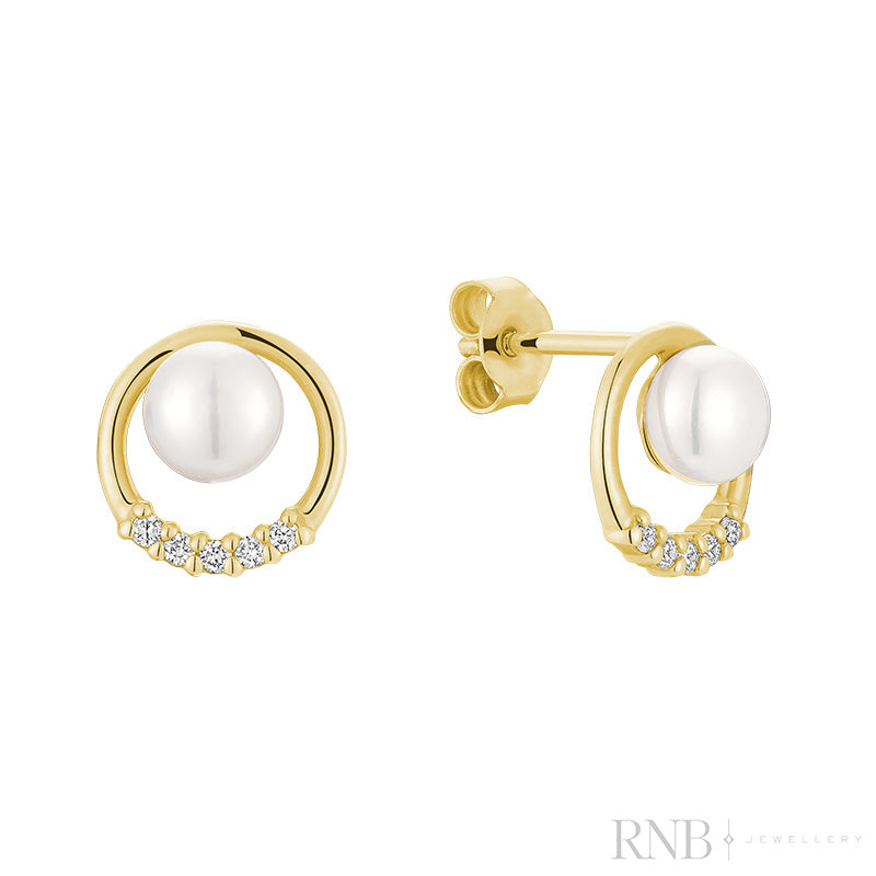 Elegant Circle Of Life Diamond & Pearl Stud Earrings