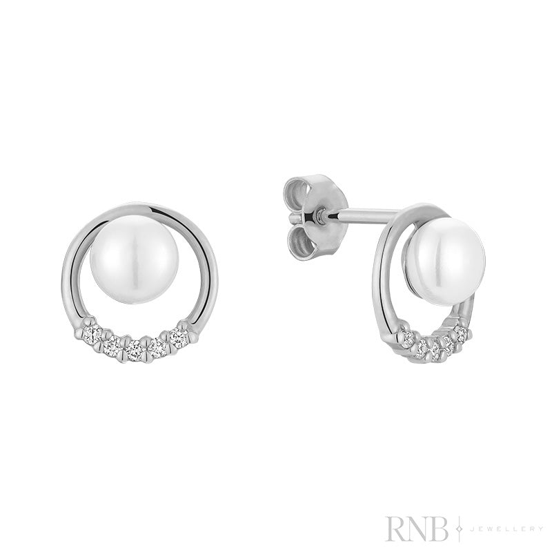 Elegant Circle Of Life Diamond & Pearl Stud Earrings