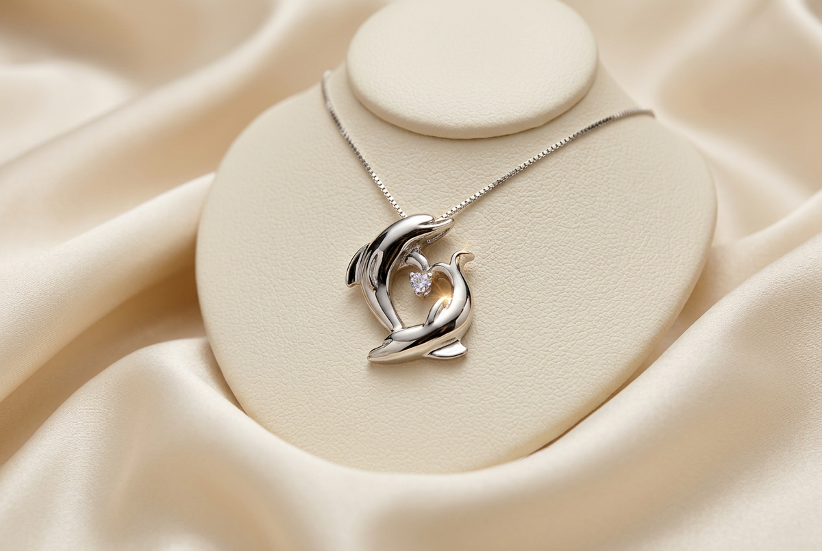 10K White gold diamond pendant with heart shaped dolphins