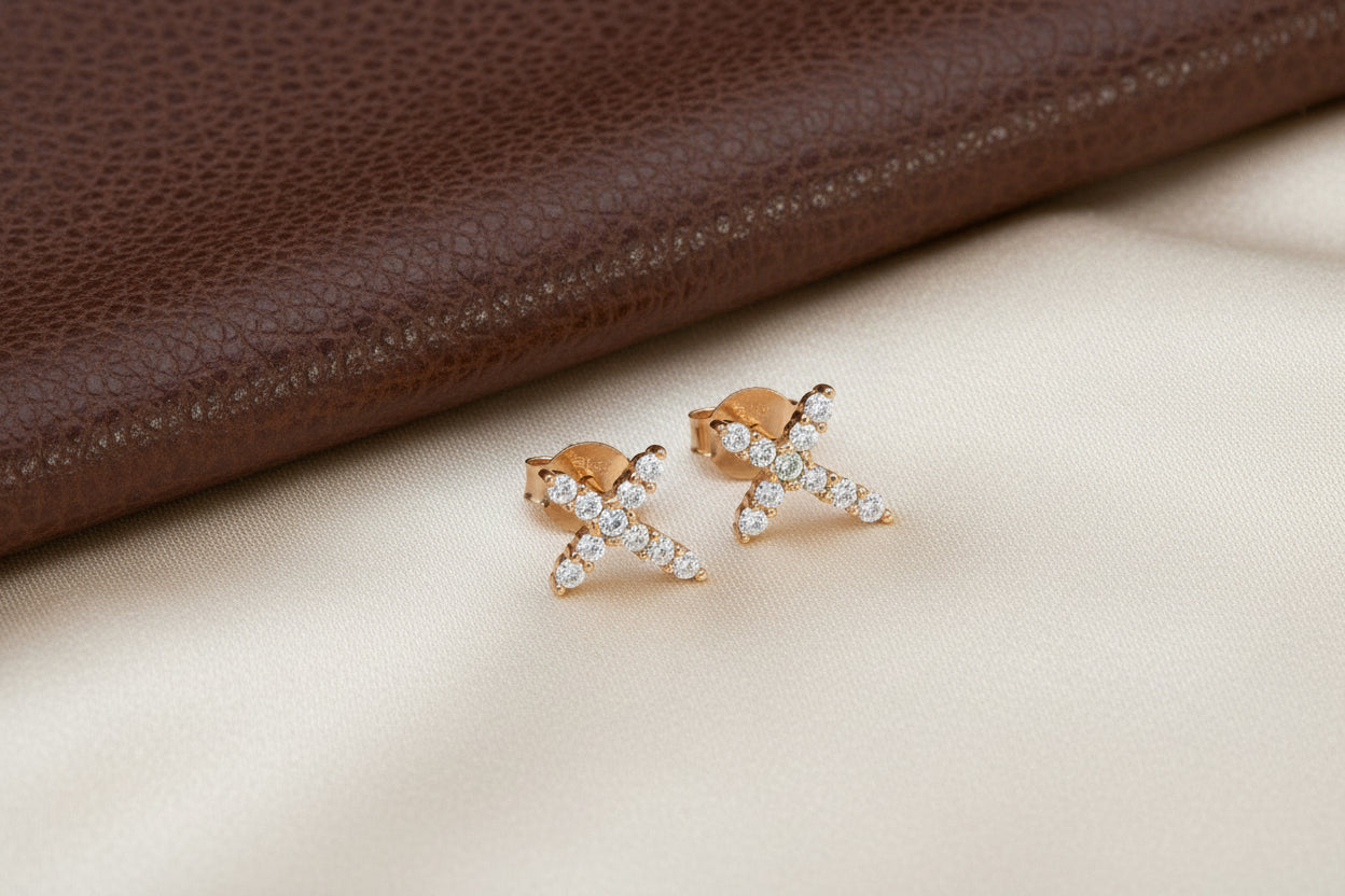 Silver & rose gold plated cubic zirconia cross studs