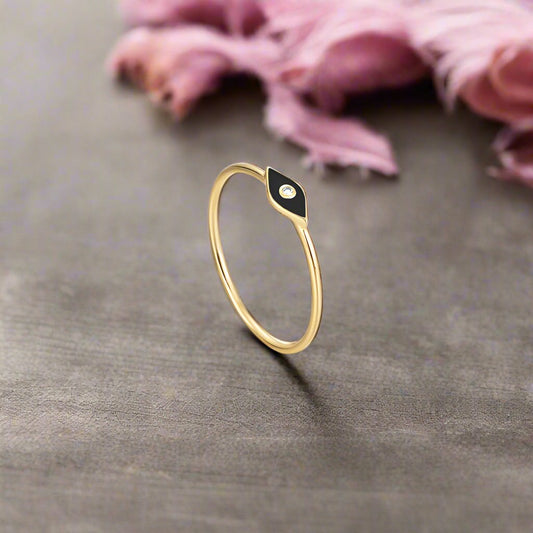 Diamond Minimalist Black Enamel Evil Eye Ring