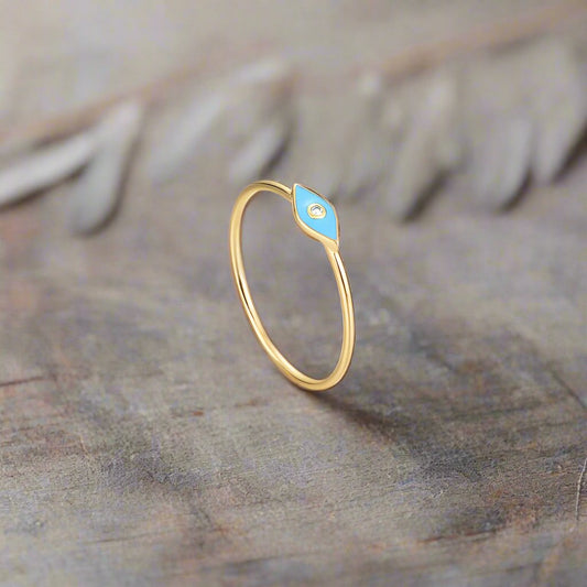 Diamond Minimalist Light Blue Enamel Evil Eye Ring