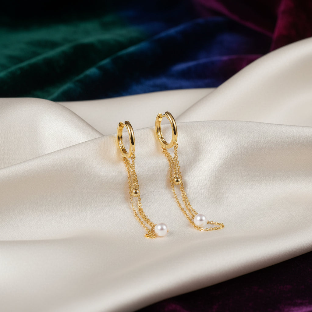 14K Yellow gold Bujukan & pearl huggie drop earrings