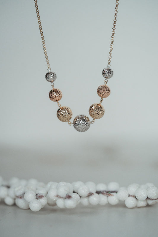 14K Tri-Tone High Polish Hammered Balls Necklace 18"