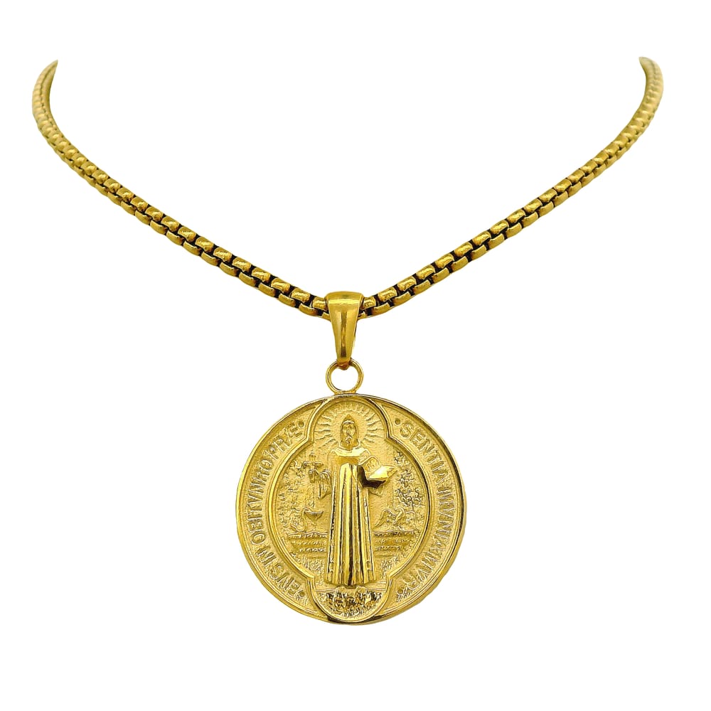 GOLD ION PLATED STAINLESS STEEL ST. BENEDICT RD REVERSIBLE PENDANT WITH CHAIN