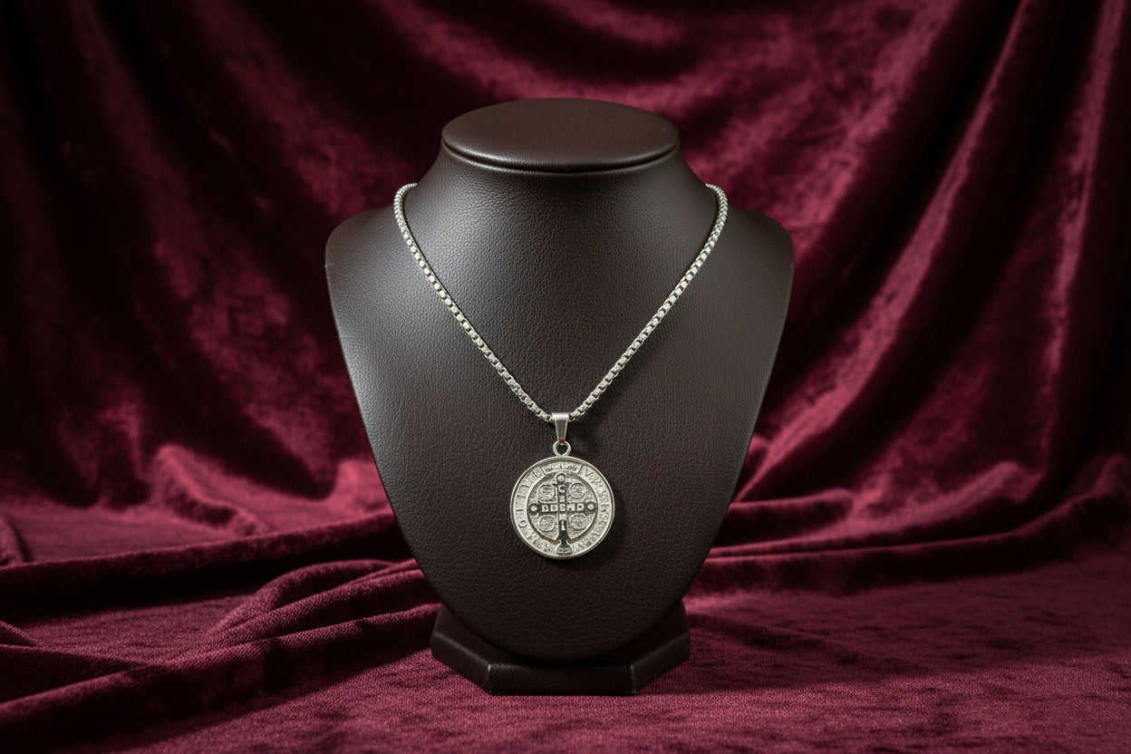 STAINLESS STEEL ST. BENEDICT REVERSIBLE RD PENDANT WITH CHAIN