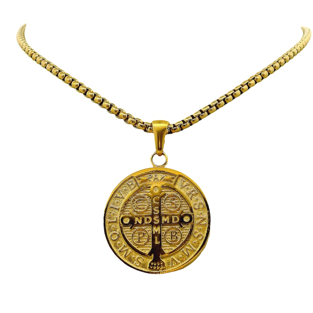 GOLD ION PLATED STAINLESS STEEL ST. BENEDICT RD REVERSIBLE PENDANT WITH CHAIN