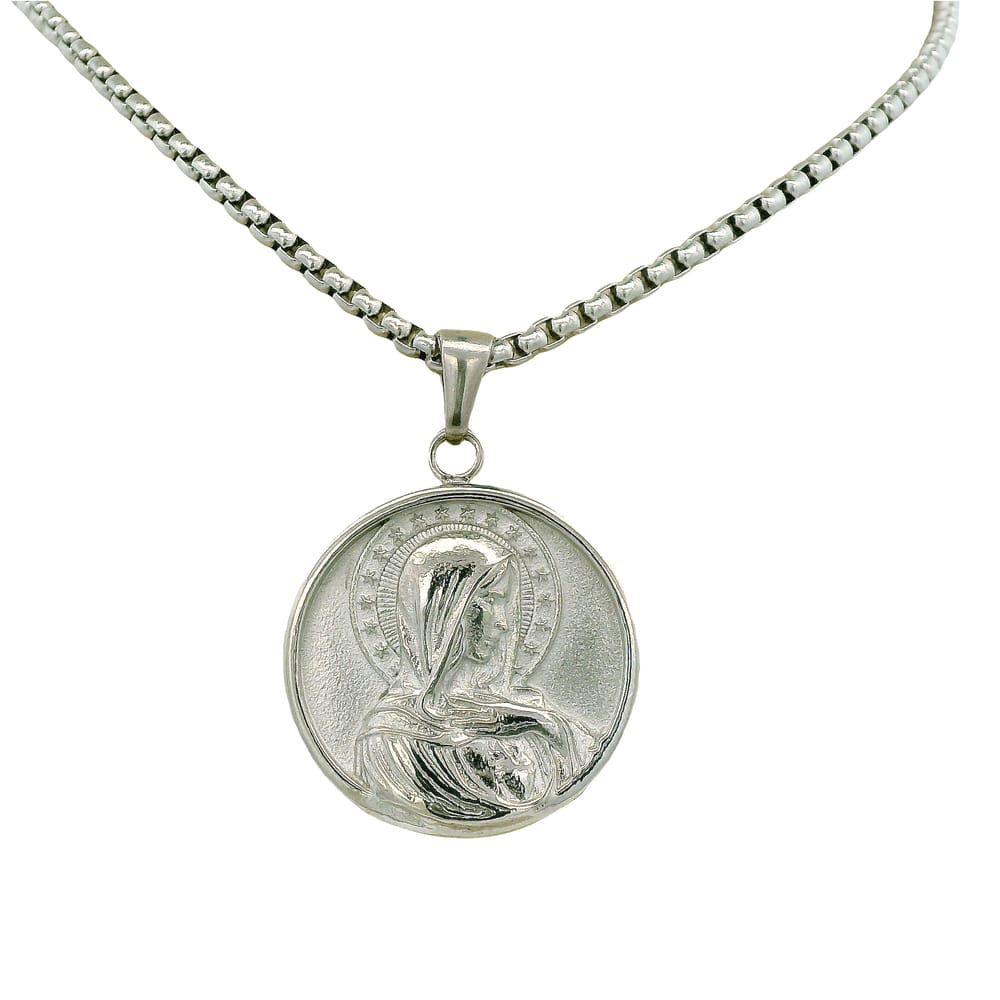 STAINLESS STEEL VIRGIN MARY RD PENDANT WITH CHAIN