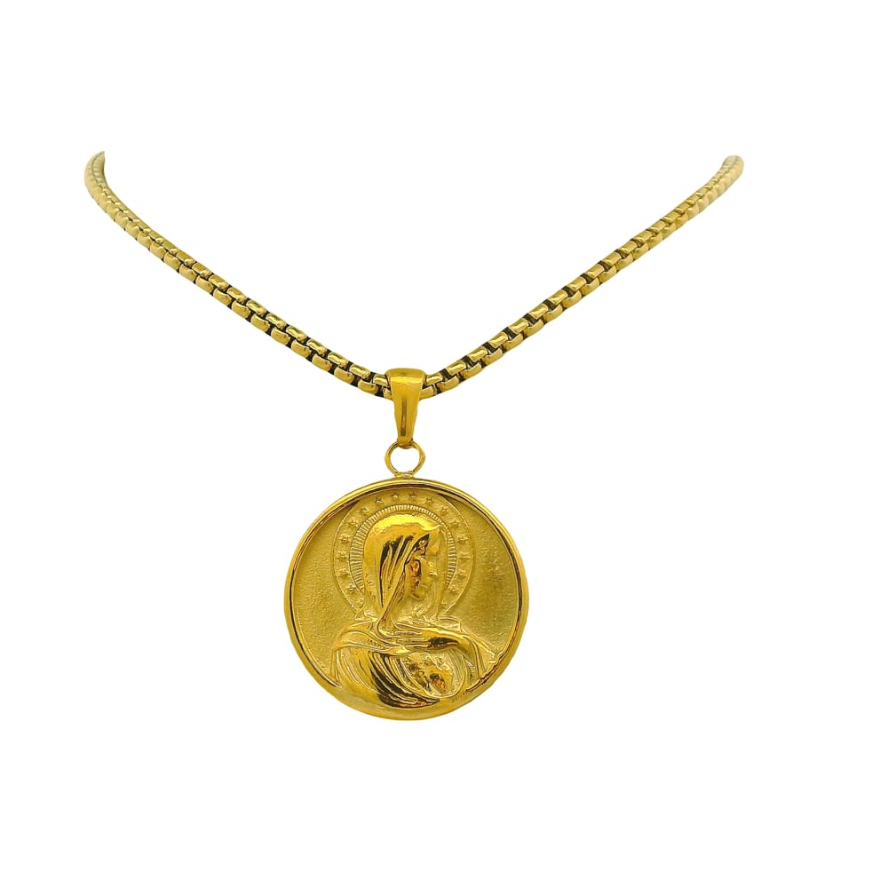 GOLD ION PLATED STAINLESS STEEL VIRGIN MARY RD PENDANT WITH CHAIN