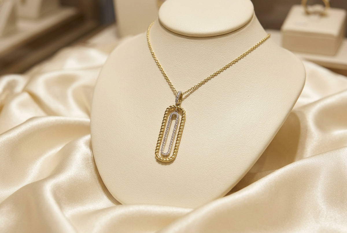 14K Yellow & white gold diamond rectangle rope pendant with chain