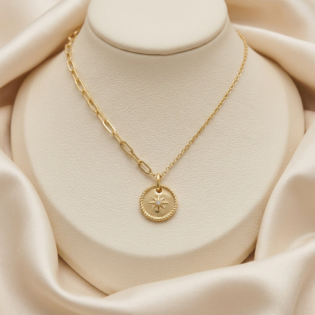 14K Yellow gold diamond star disc pendant with chain