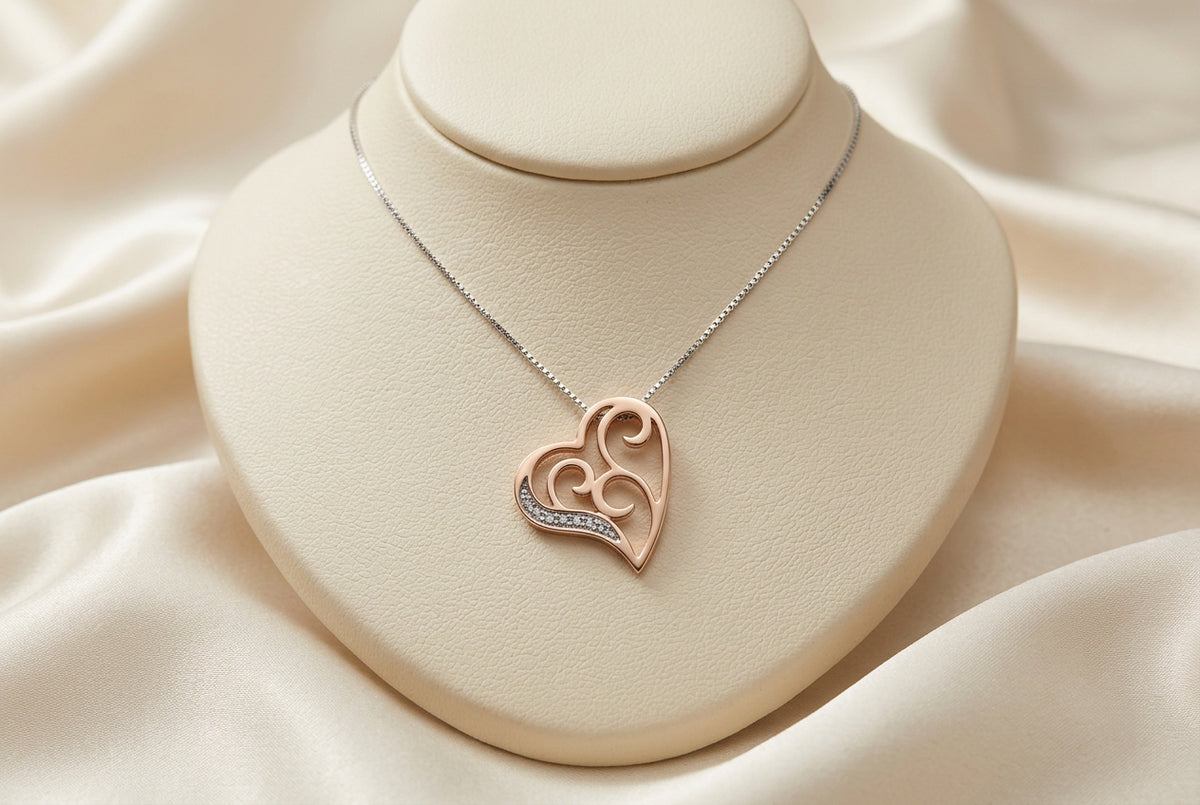 10K Rose & white gold diamond heart pendant with chain