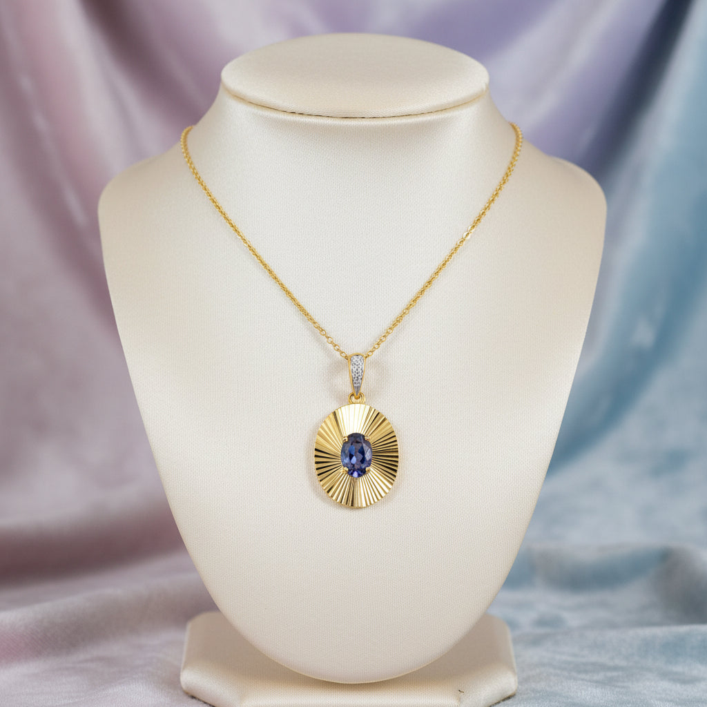 10K Yellow gold lab Alexandrite and diamond oval pendant