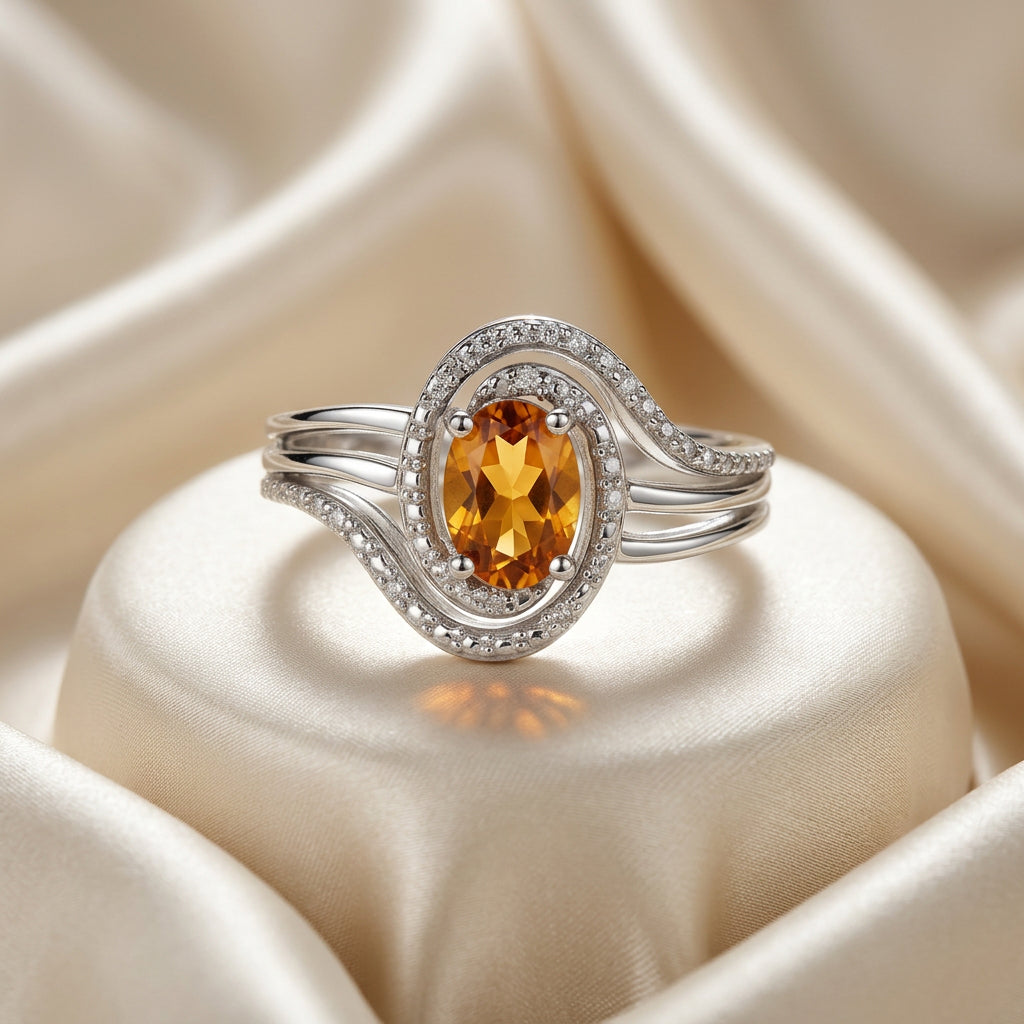 STERLING SILVER CITRINE & .03TW DIAMOND RING